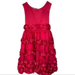Bonnie Jean red dress in satin like material & beautiful rose skirting, size 6X
